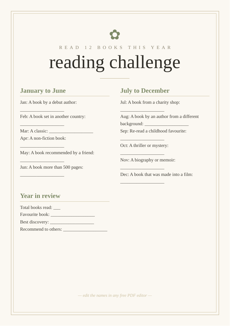 12 book reading challenge printable