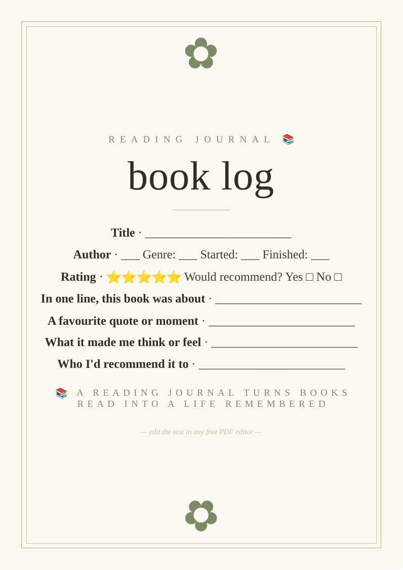Reading journal and book log