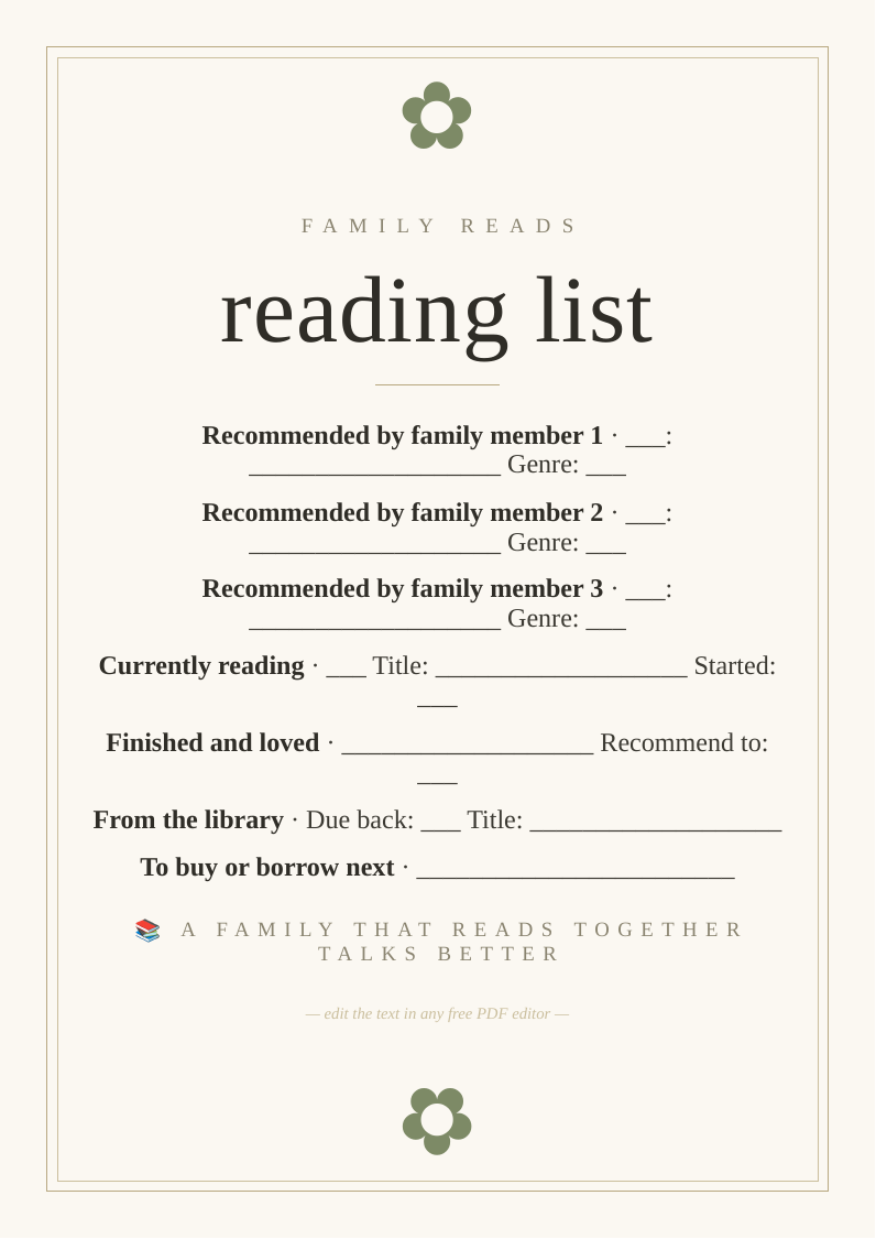 Family reading list and recommendations