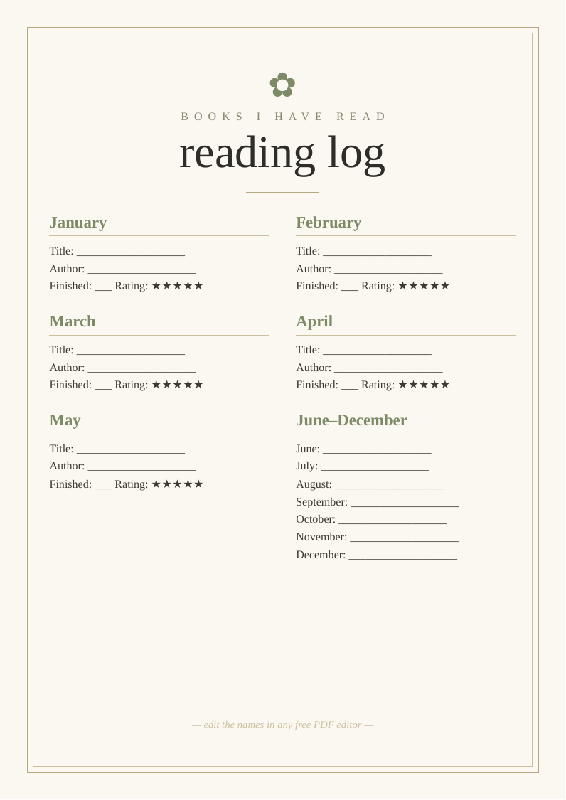 Reading log printable template