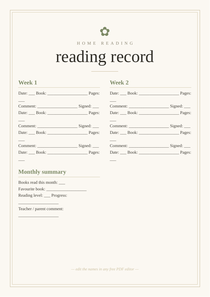 Reading record card printable home