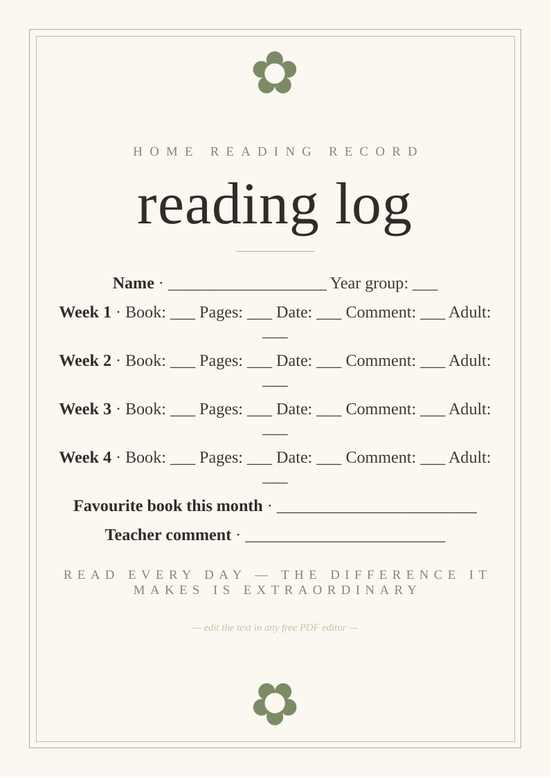 Home reading record sheet