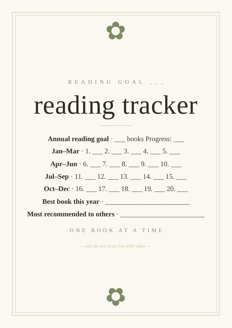 Annual reading tracker and log
