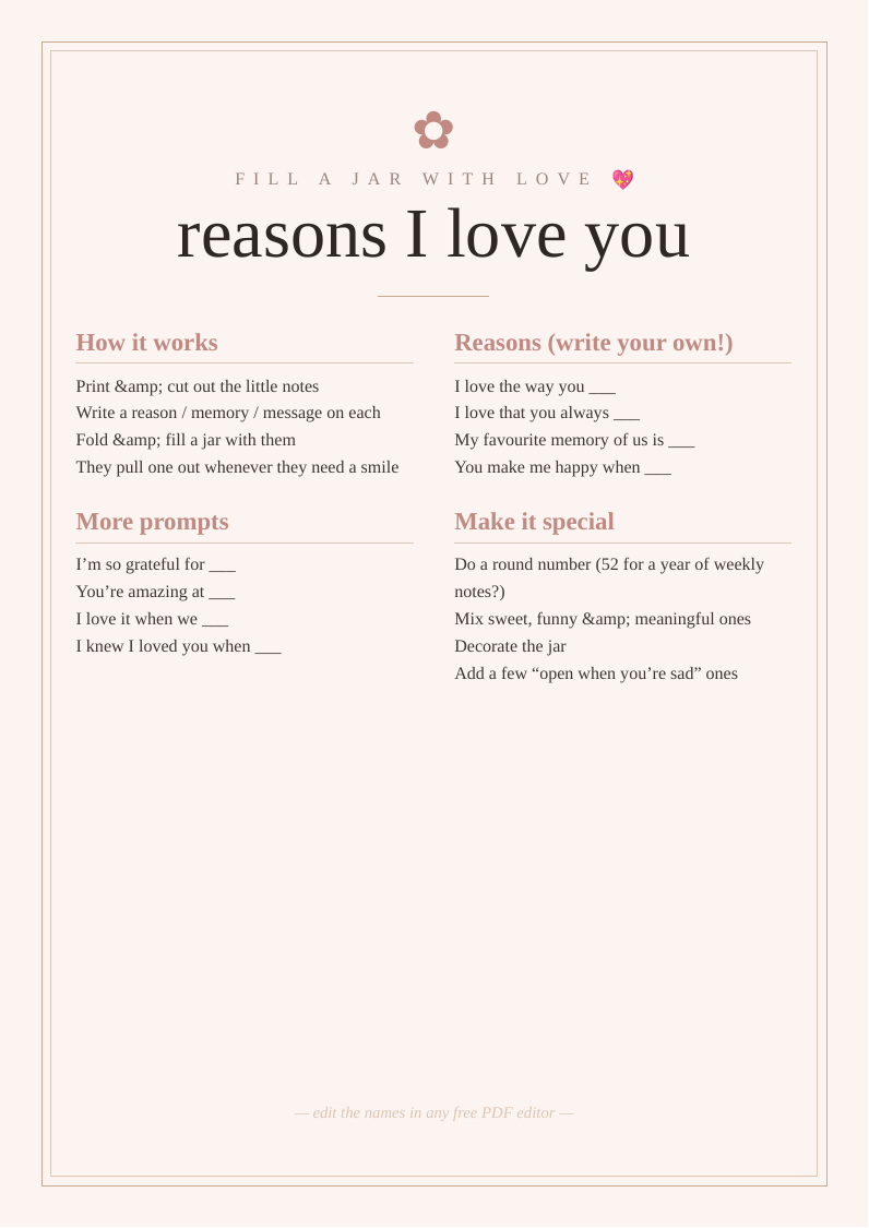 'Reasons I love you' jar notes