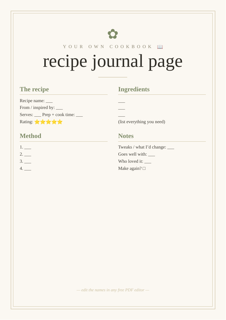 Recipe collection journal
