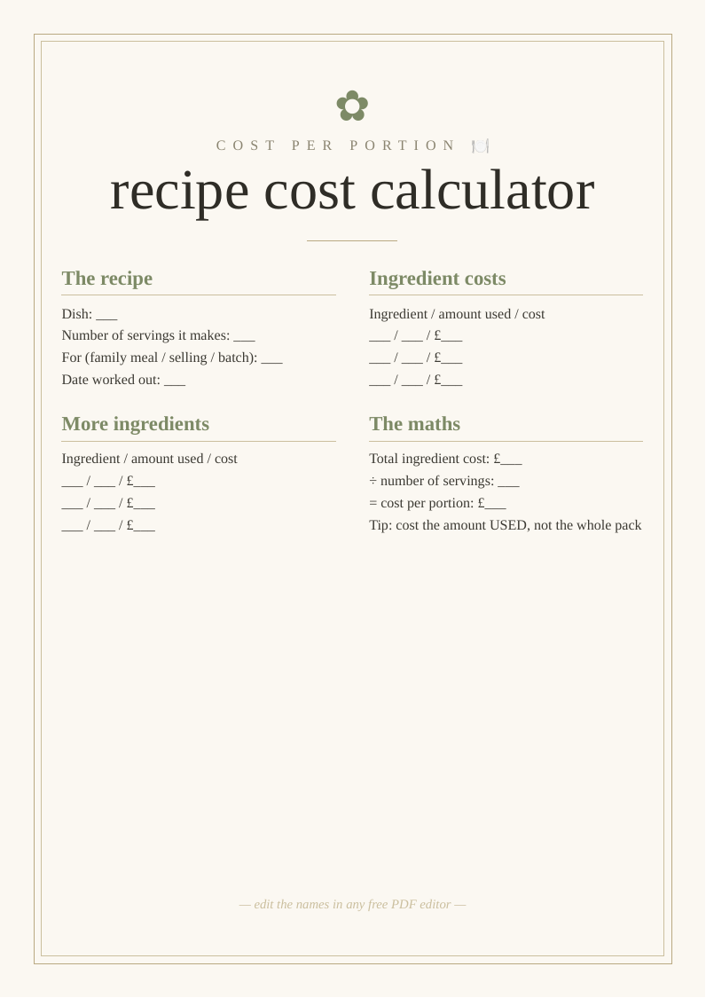 Recipe cost calculator