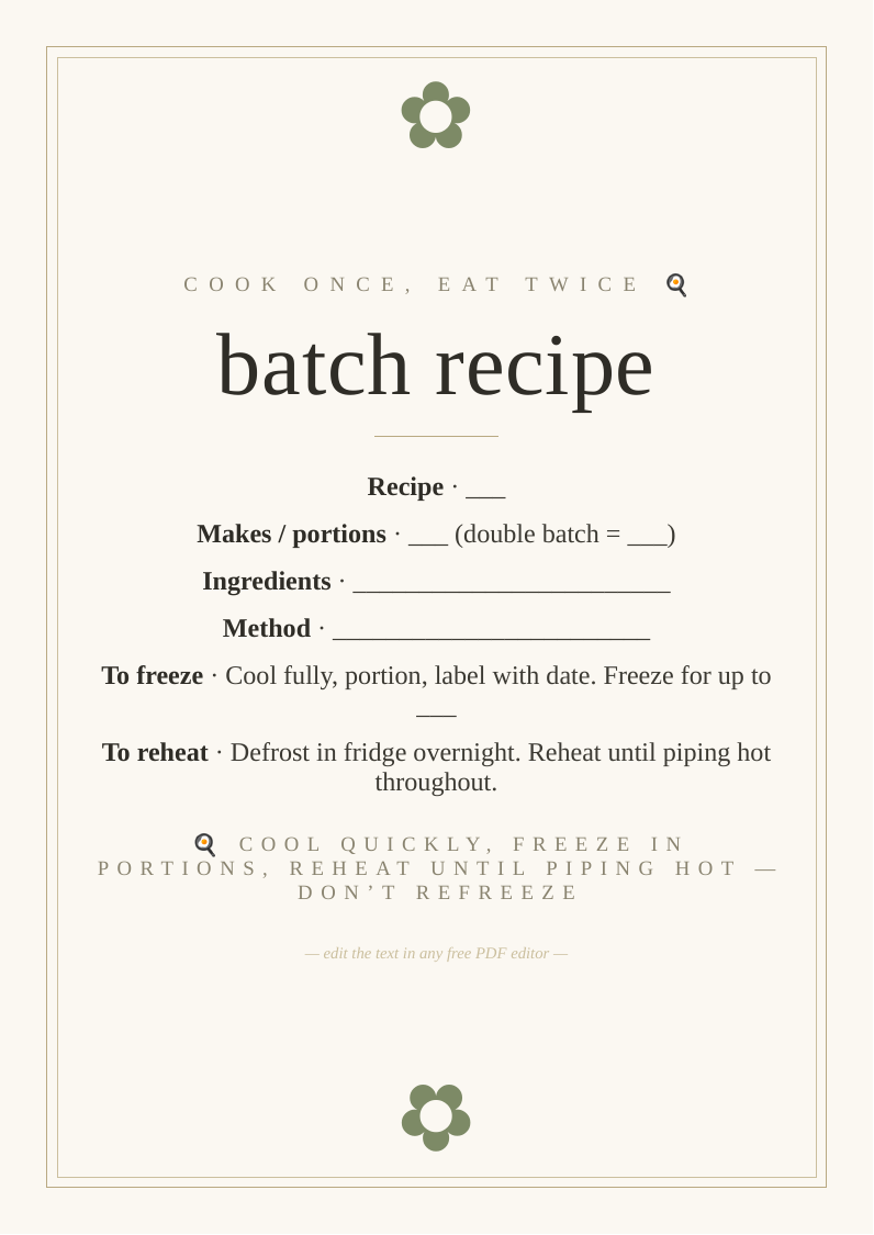 Batch cooking recipe card