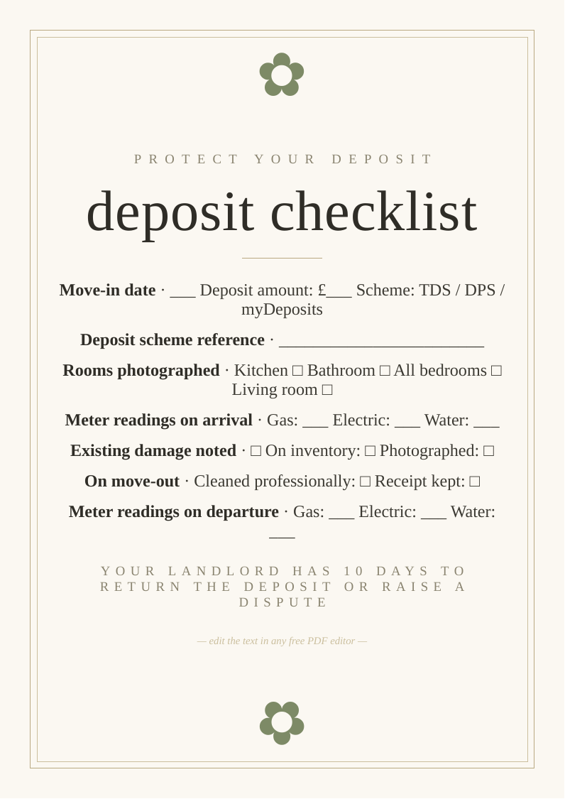 Rental deposit protection checklist printable UK