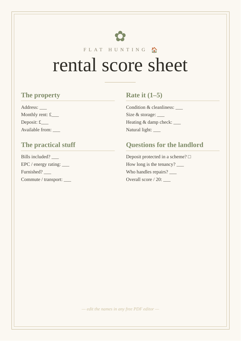 Rental viewing comparison printable flat hunt score sheet compare rate condition cost location landlords gloss over choose renting tenant UK letting