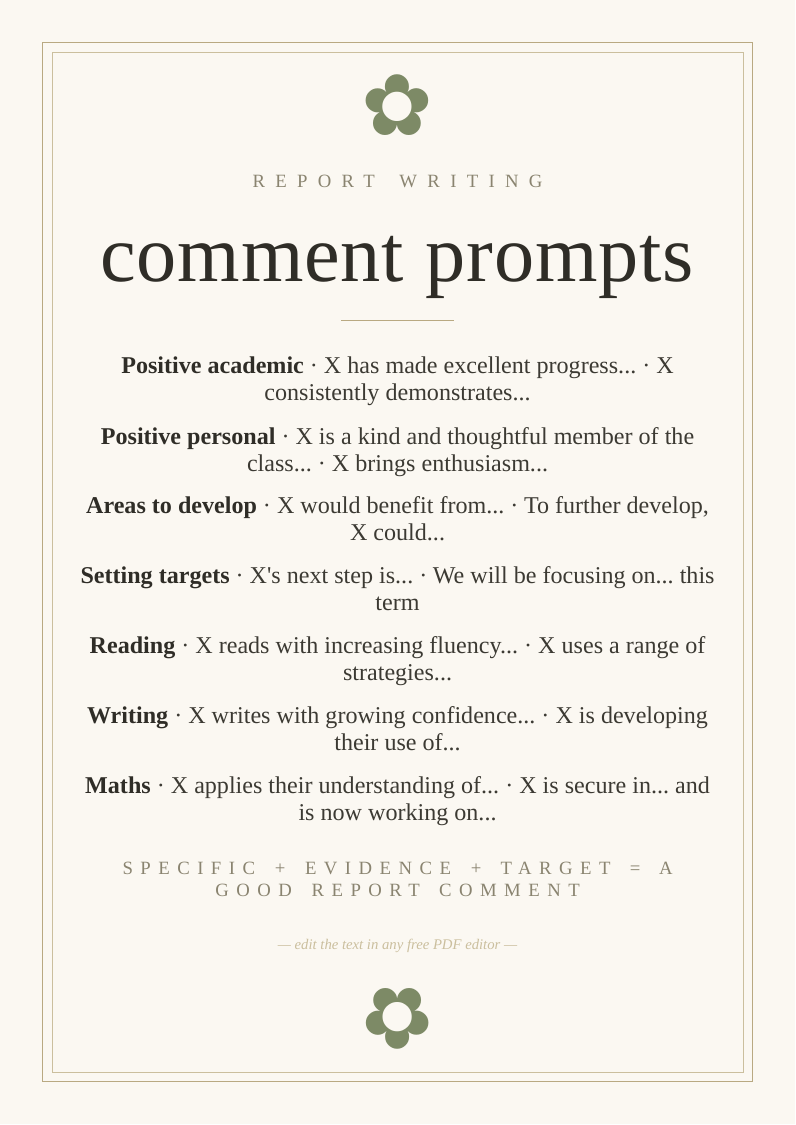 Report writing comment prompts