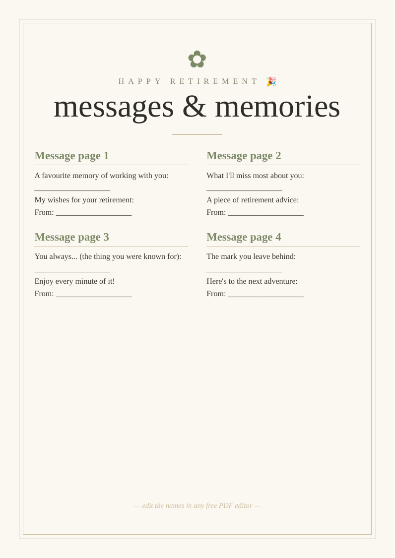 Retirement memory and messages book