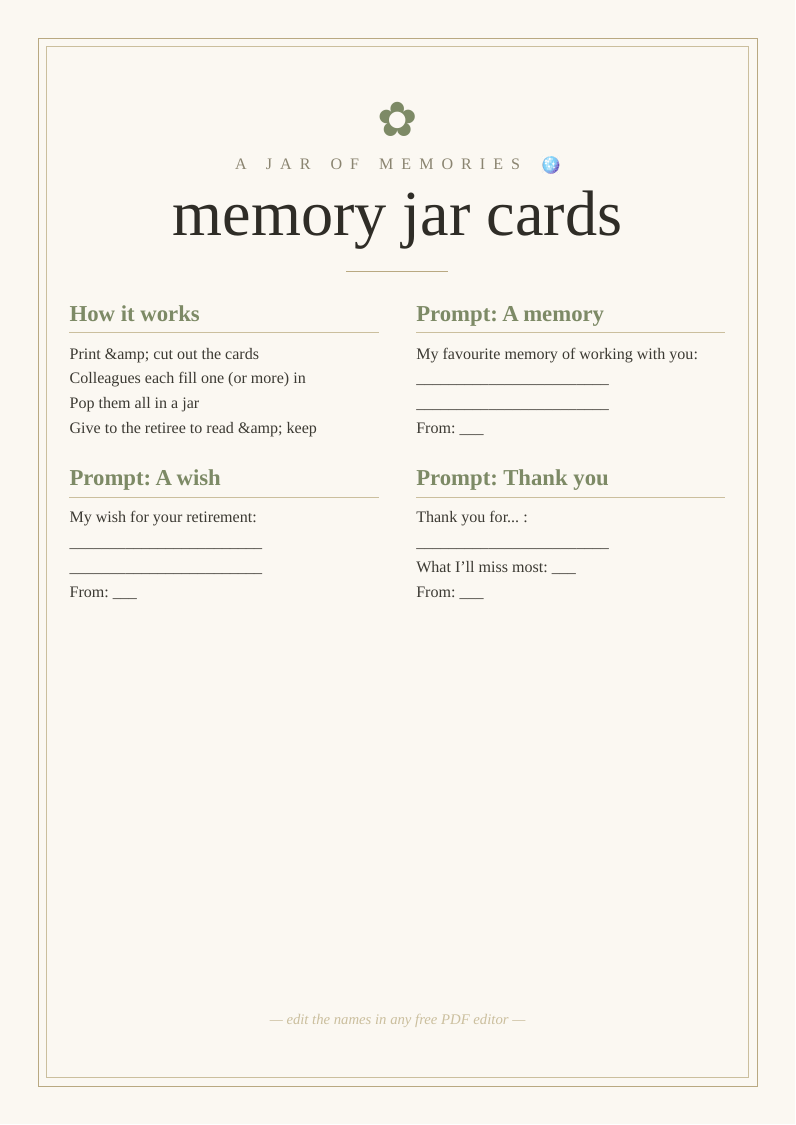 Retirement memory jar cards