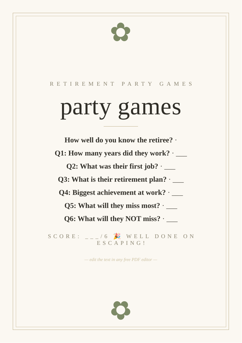 Retirement party games sheet