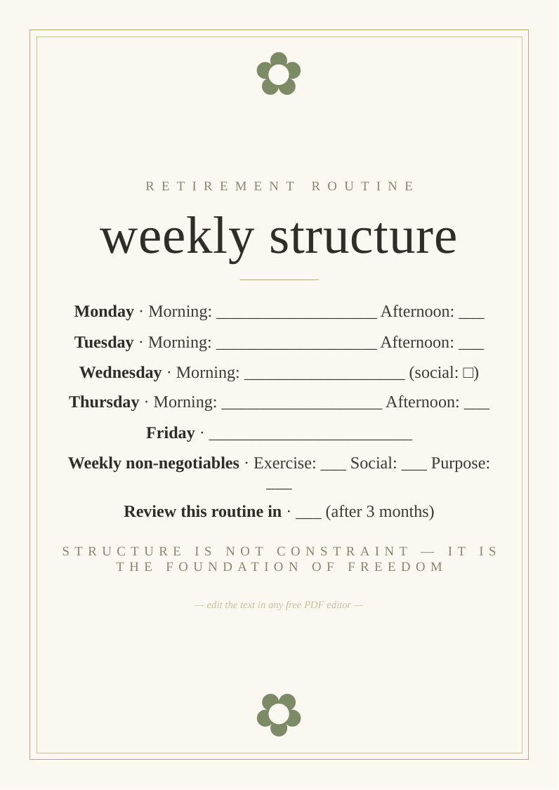Retirement weekly routine planner