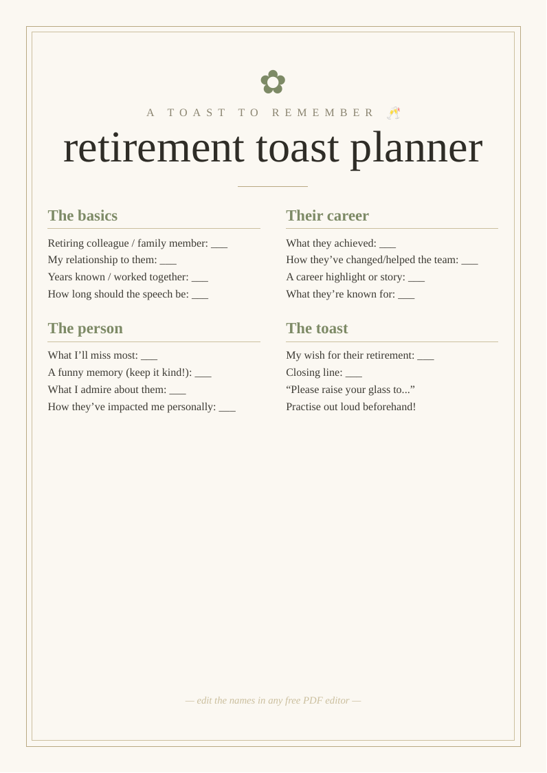 Retirement toast planner