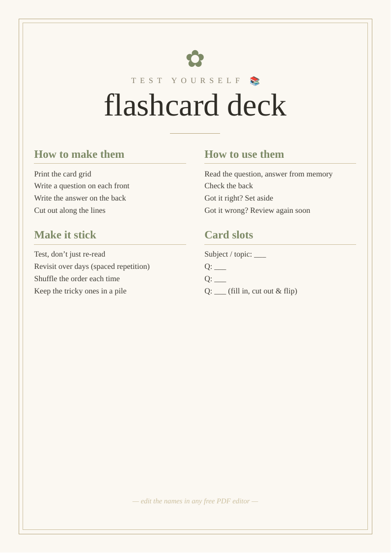Flashcard deck printable cut out revision cards question front answer back drill facts active recall study exam memorise vocabulary test yourself