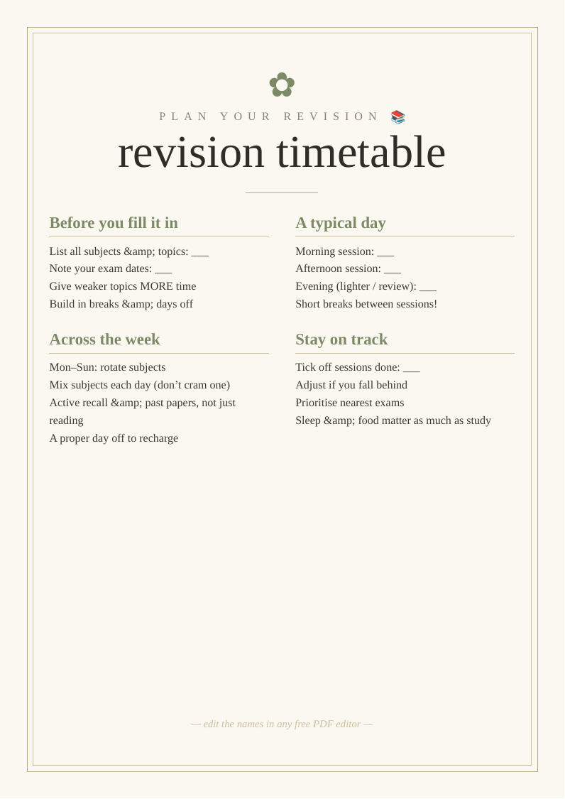 Blank revision timetable printable exam study schedule run up subjects topics days weeks balance workload every subject time before big day GCSE A-level student revision plan