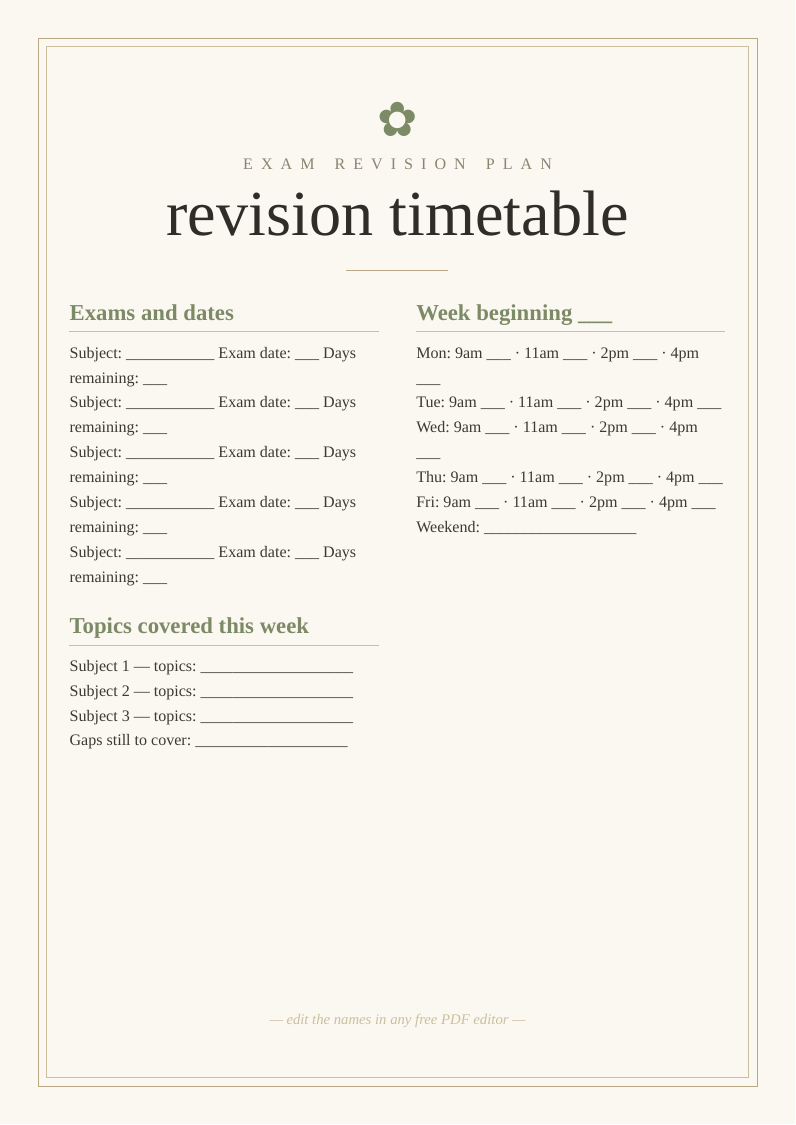 Exam revision timetable printable