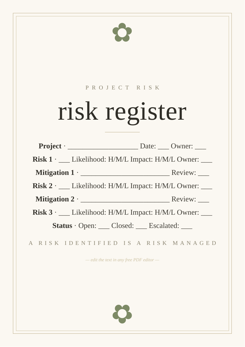 Project risk register template