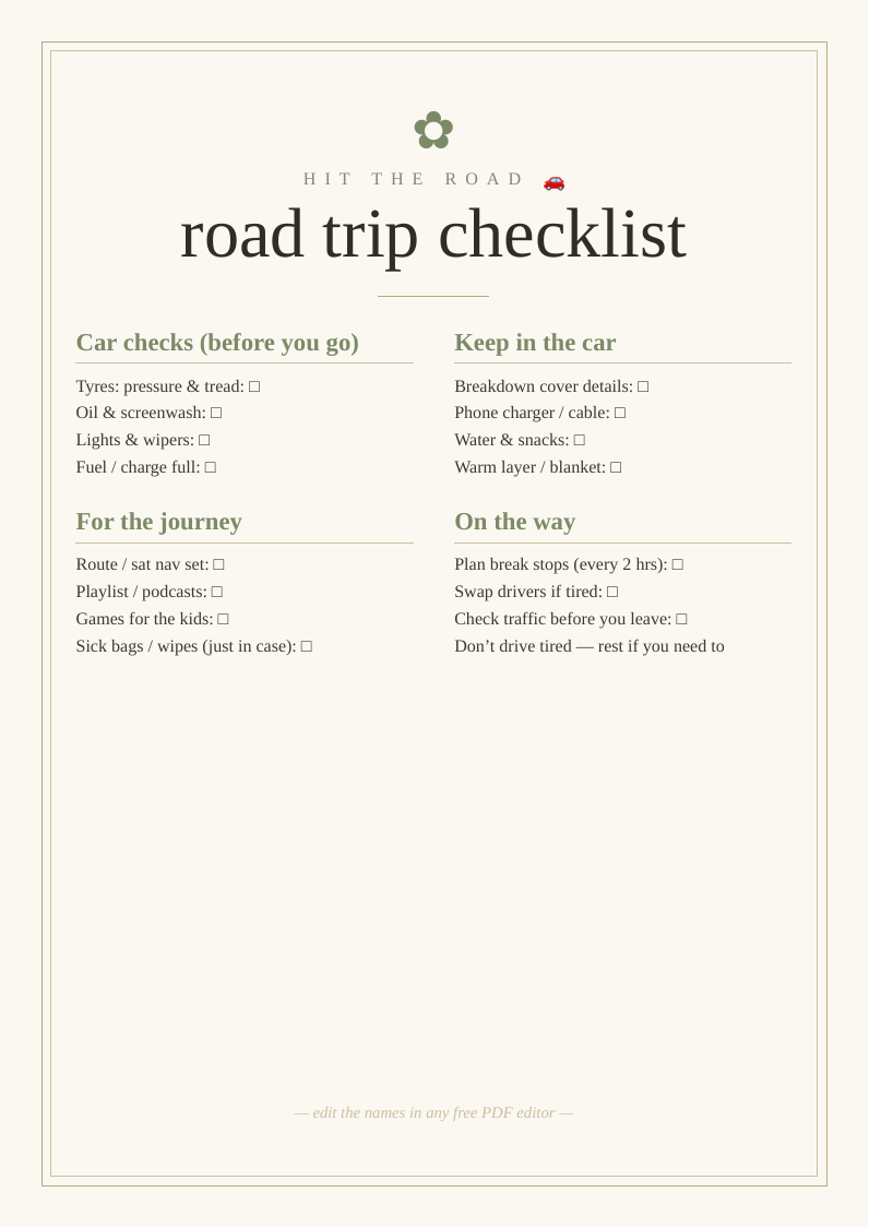 Road trip prep checklist