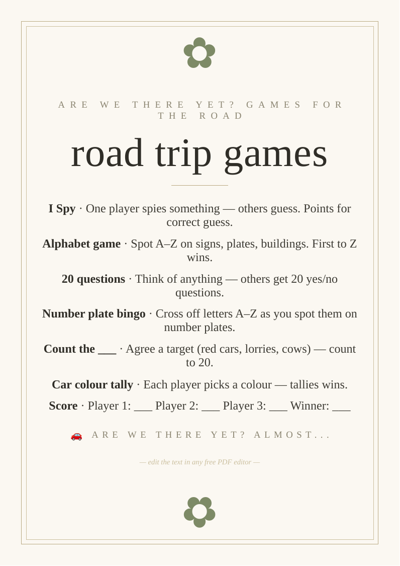 Road trip games and activity sheet