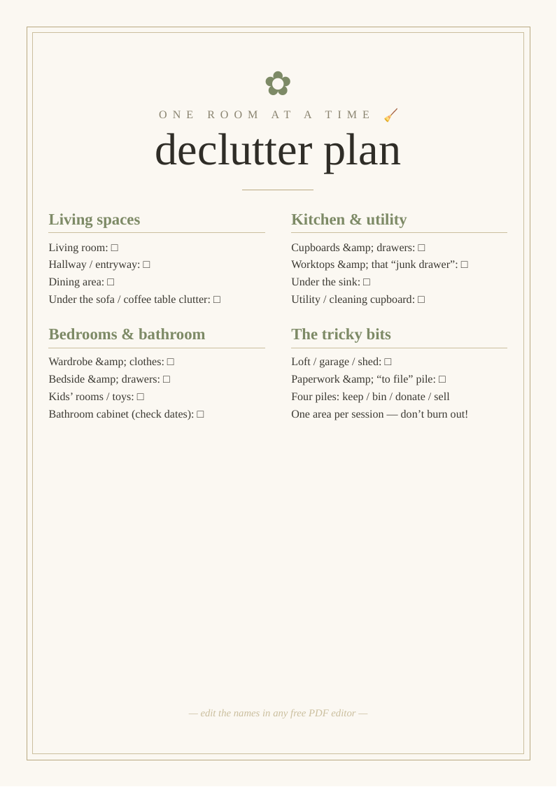 Room-by-room declutter plan