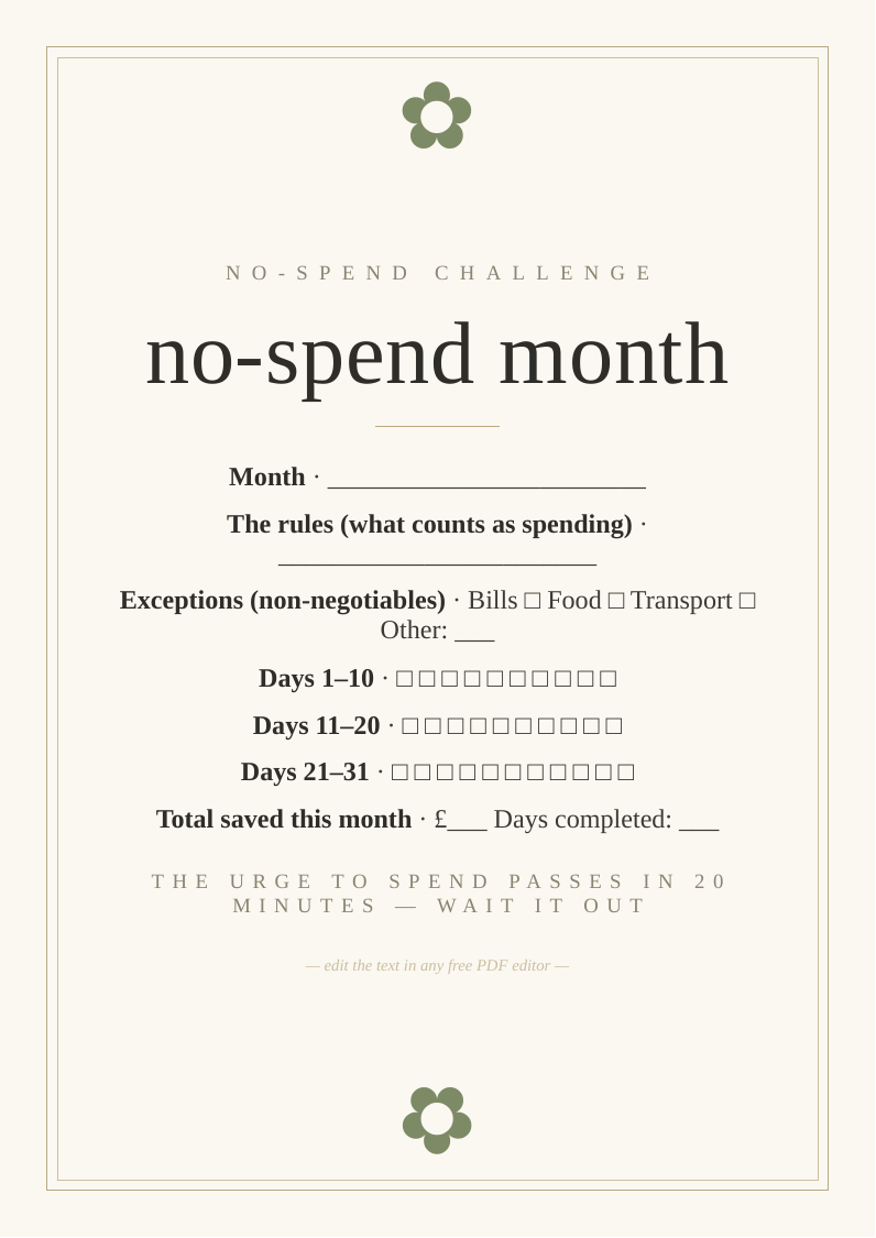 No-spend month challenge tracker
