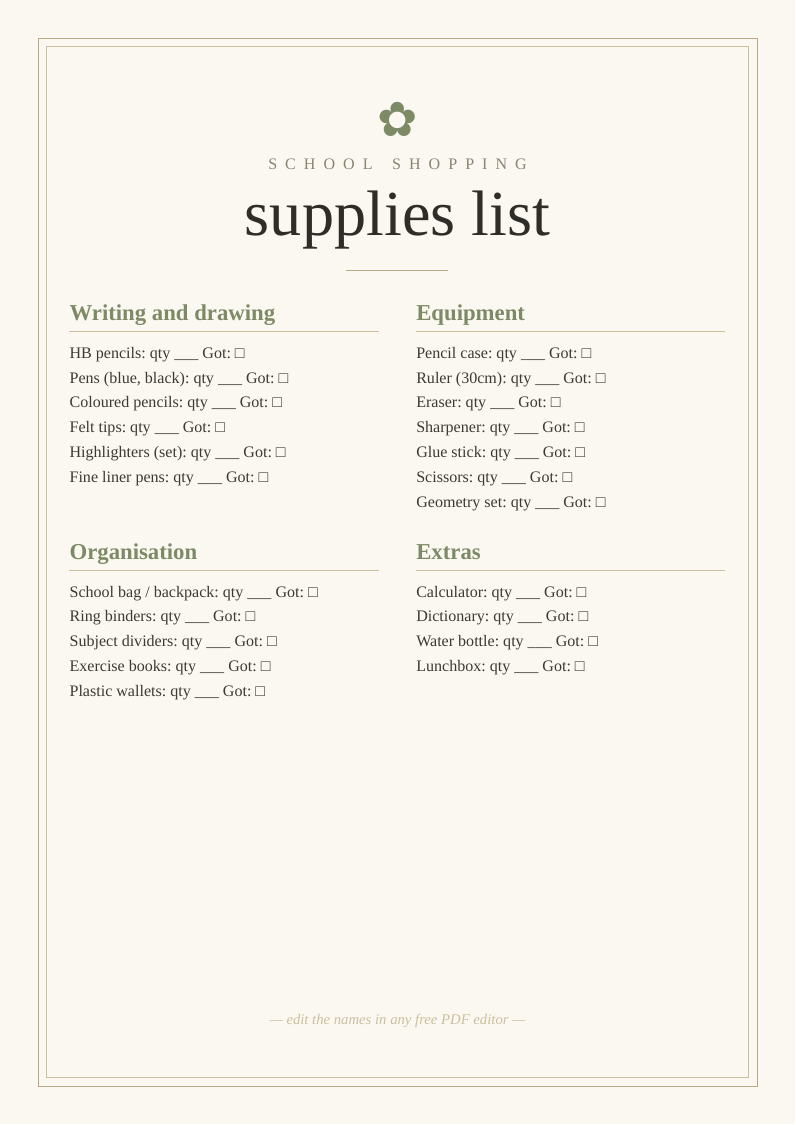 School supplies list