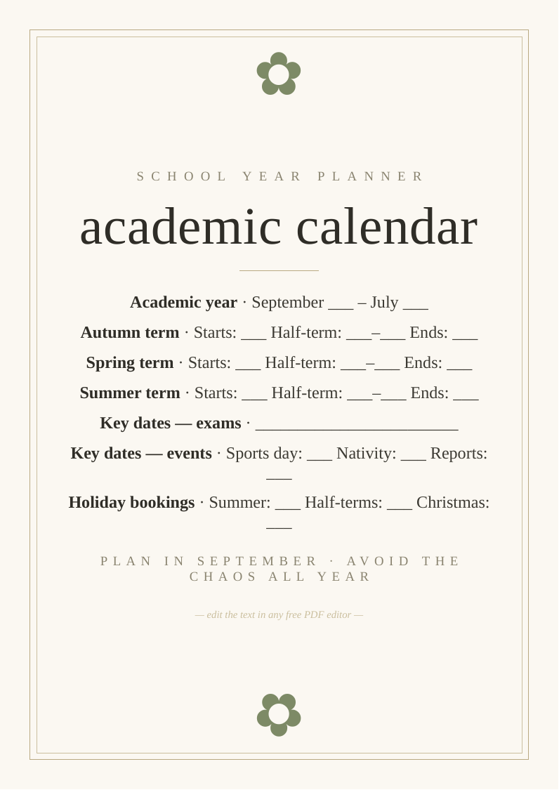 Academic year planning calendar