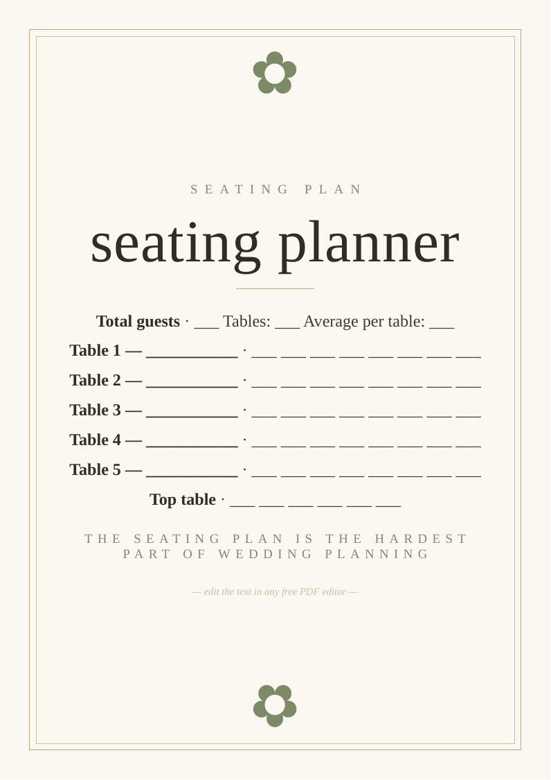 Wedding seating plan template printable worksheet