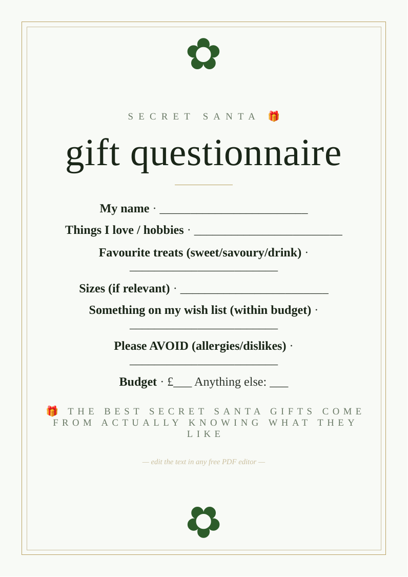 Secret Santa gift questionnaire