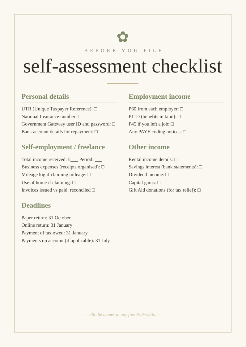 Self-assessment tax checklist