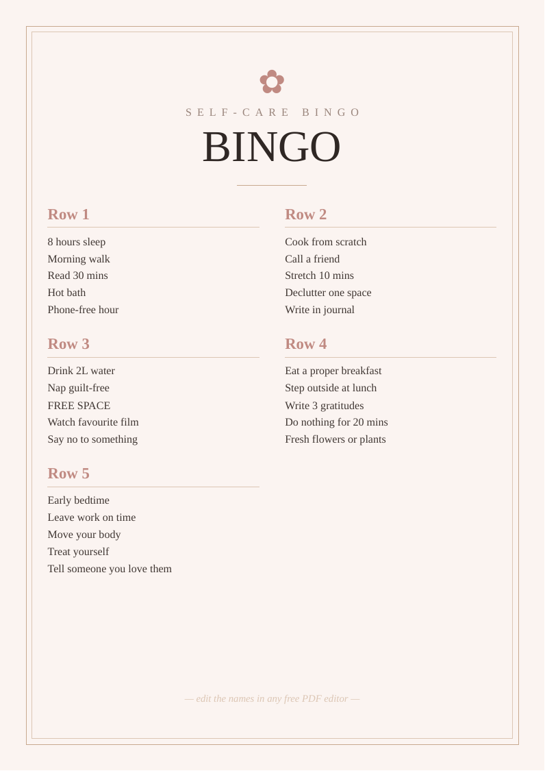 Self-care bingo card