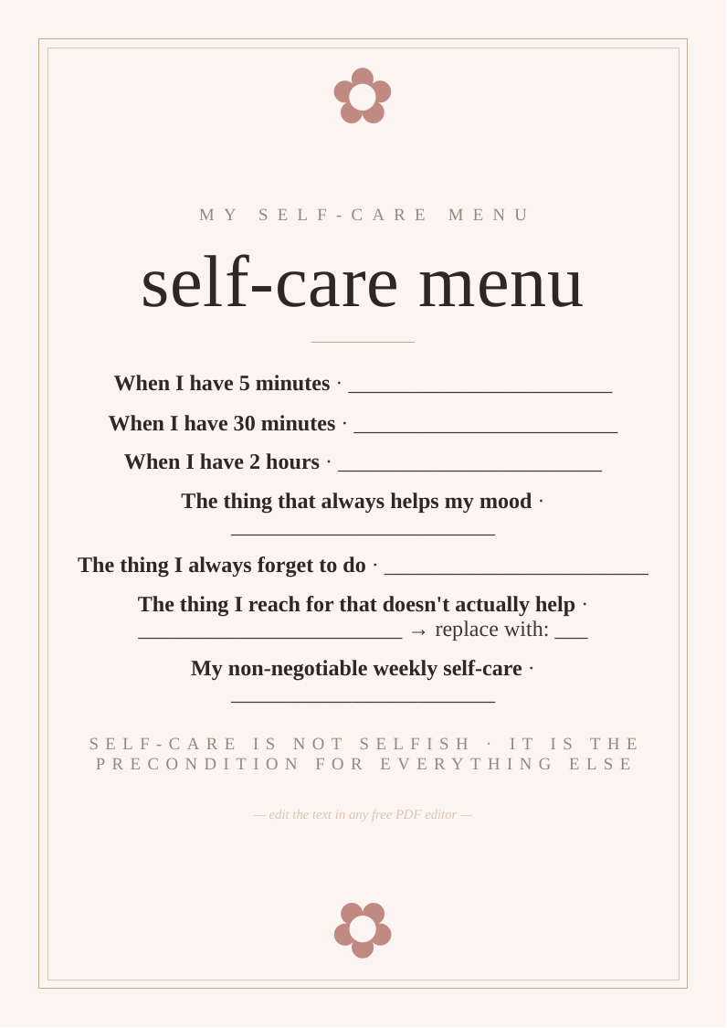 Personal self-care menu card