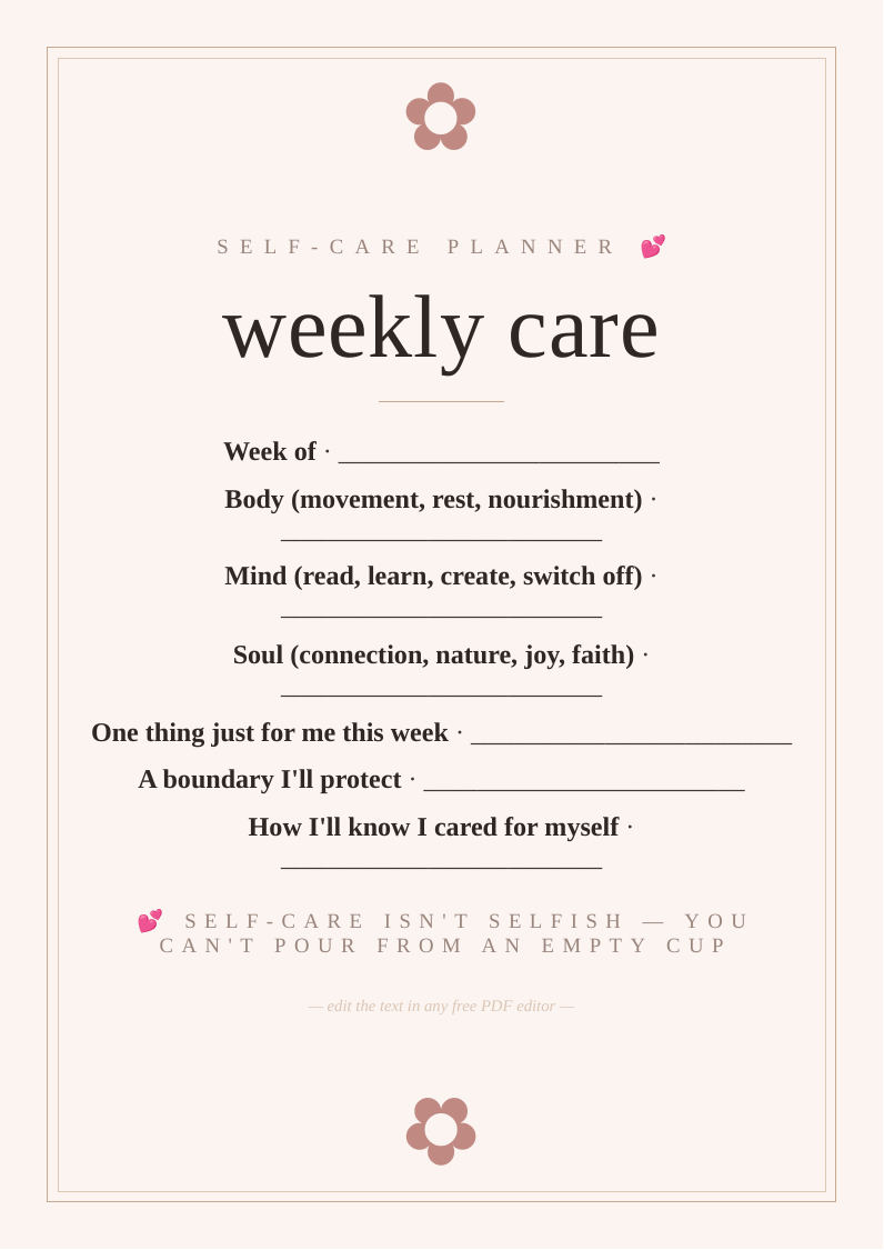 Weekly self-care planning sheet
