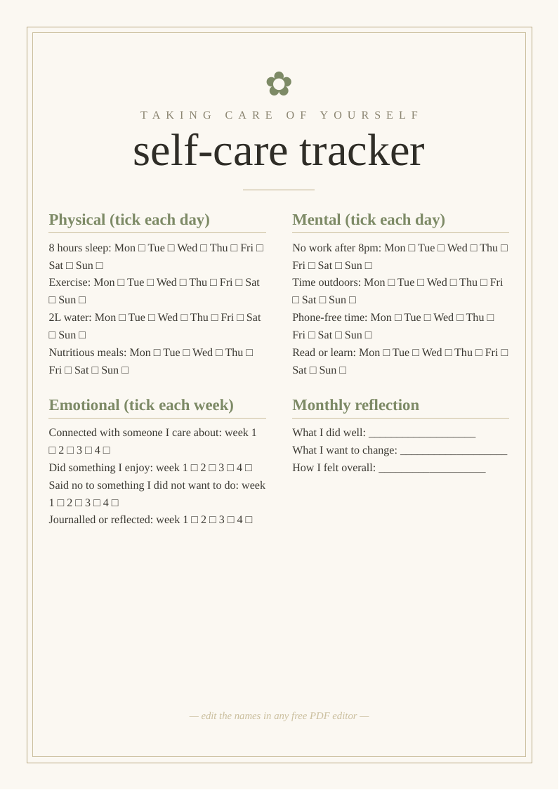 Daily self-care habit tracker