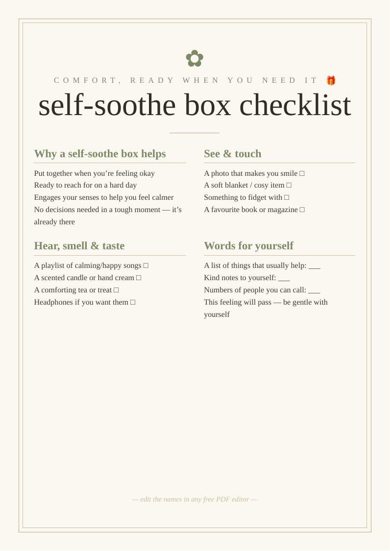 Self soothe box checklist printable comfort box planner comforting box hard days engage senses bring calm ready waiting before need it gentle practical self care preparation wellbeing