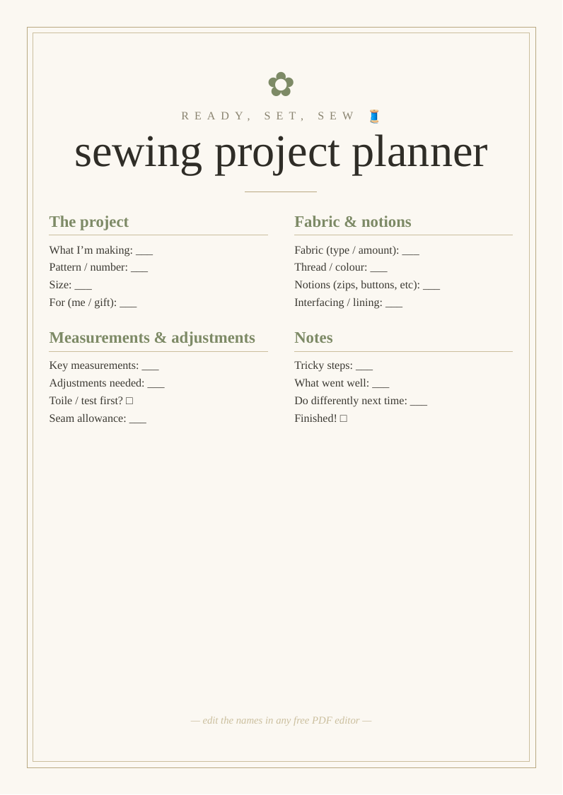 Sewing project planner