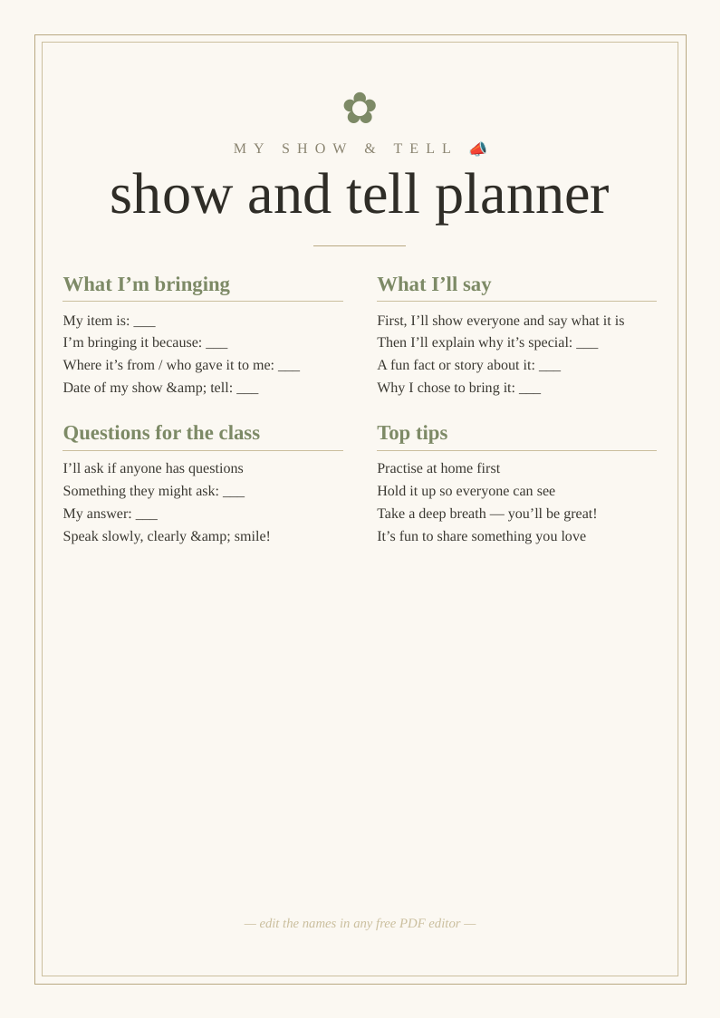 Show and tell planner
