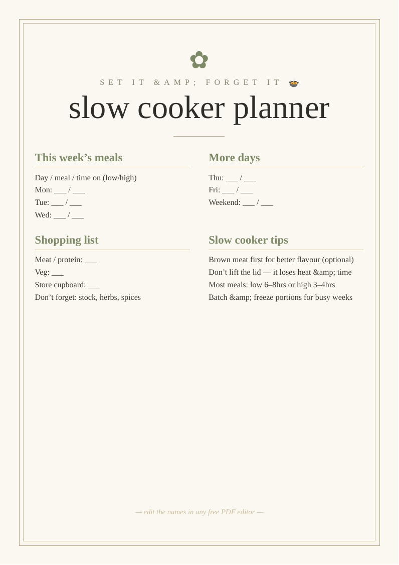 Slow cooker meal planner
