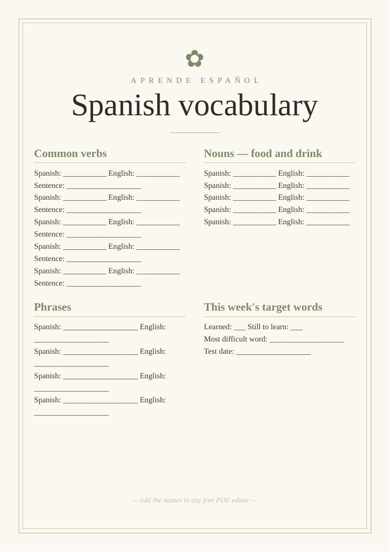 Spanish vocabulary cards printable