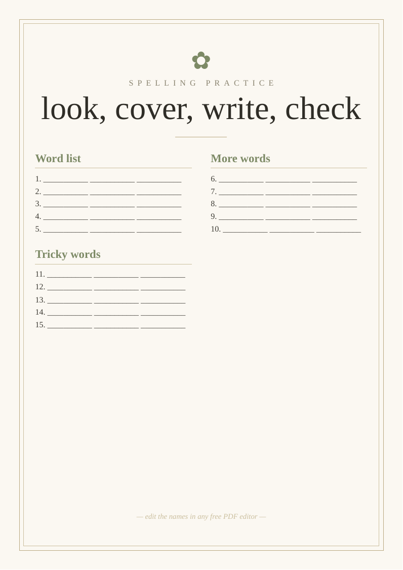 Spelling practice sheet printable