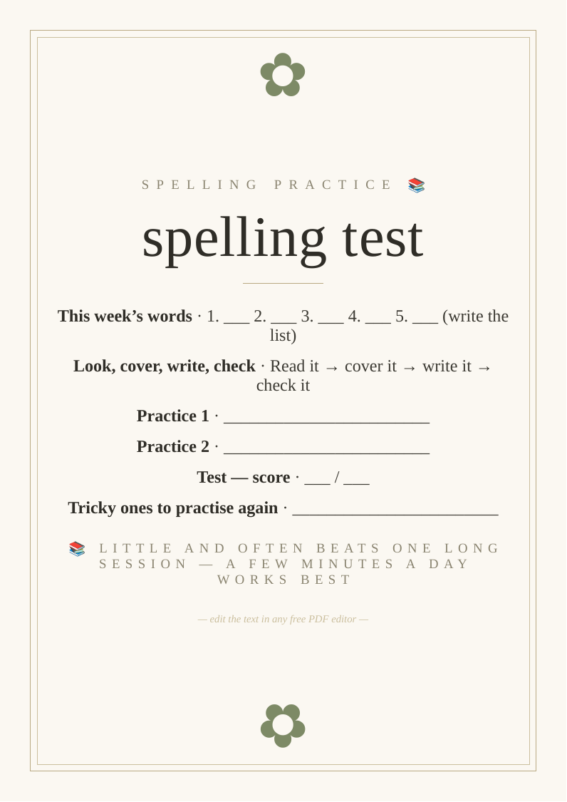 Spelling test sheet