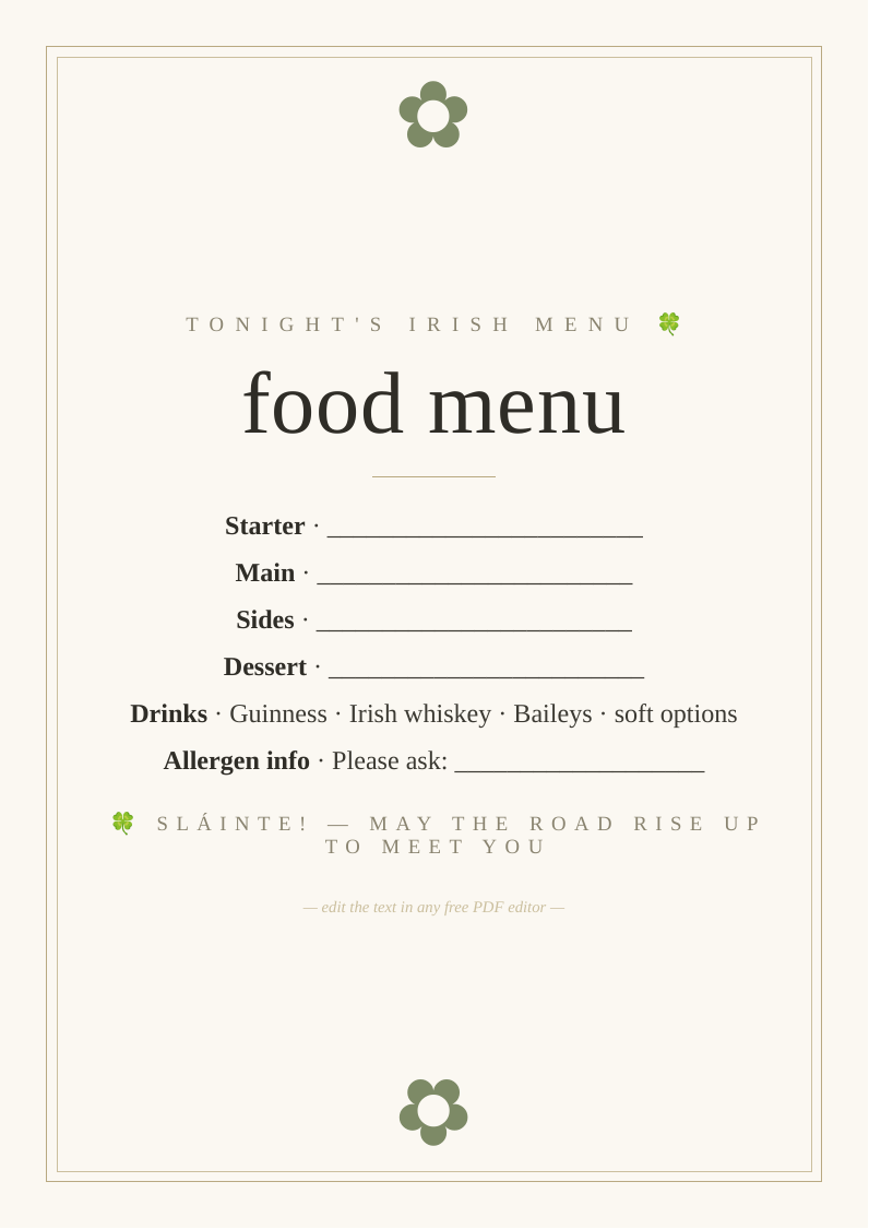 St Patrick's Day food menu sign