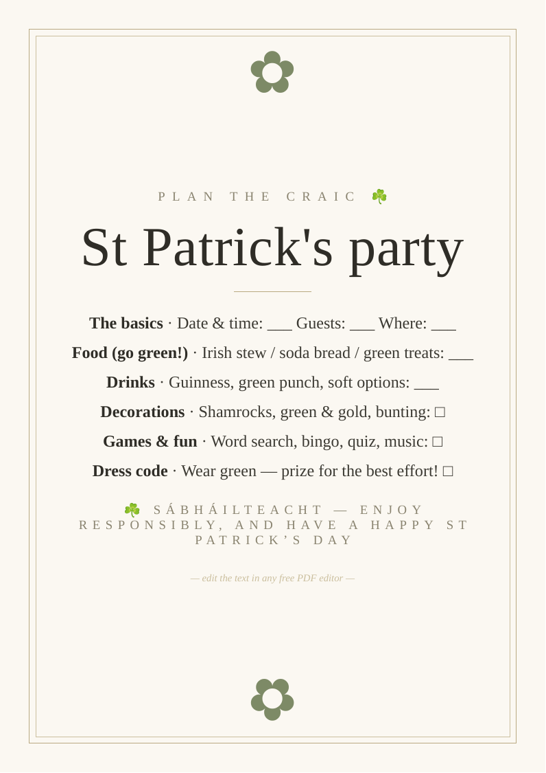 St Patrick's Day party checklist