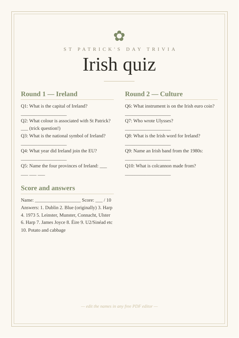 St Patrick's Day quiz sheet