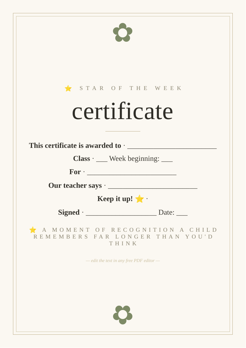 Star of the week certificate