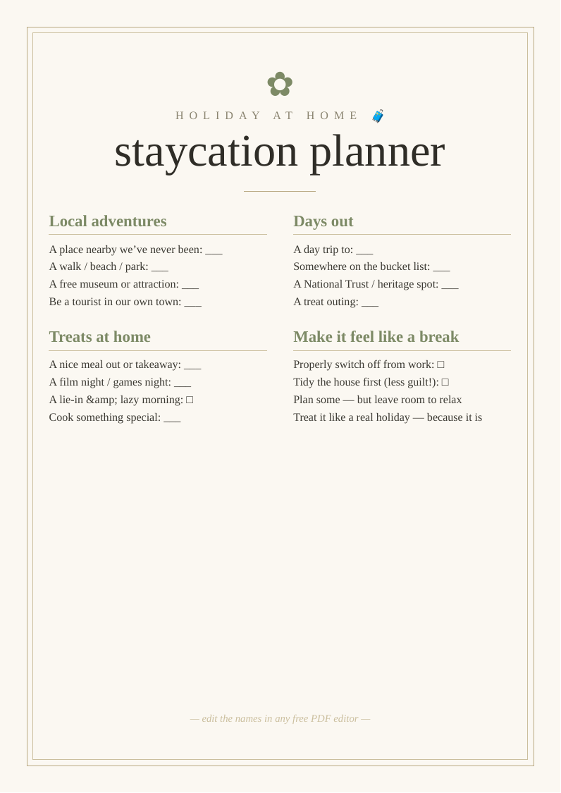 Staycation ideas planner