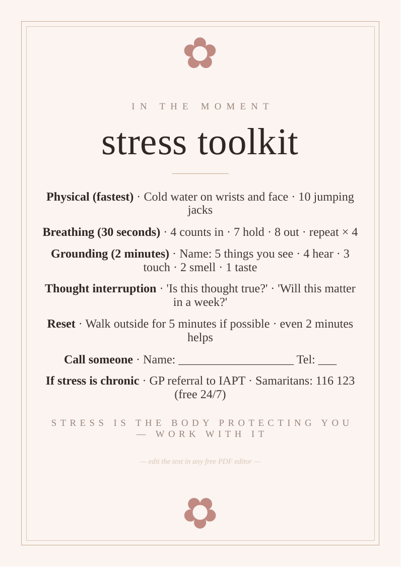 Stress relief quick reference card