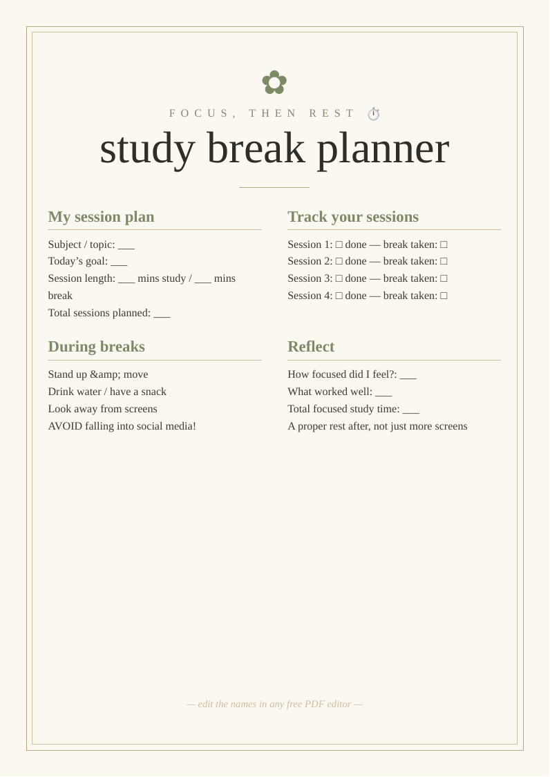 Study break planner printable focused study session sheet work rest rhythm concentration sharp avoid burnout work smarter not longer student revision exam timer breaks